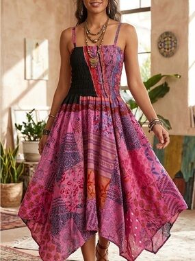 Boho Patchwork Smocked Midi Dress | 100% Cotton | Made in India